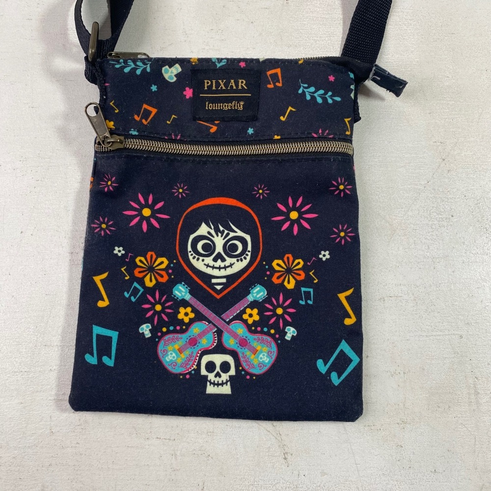 Loungefly Pixar Coco Miguel Sugar Skull Canvas Crossbody Passport Bag Black